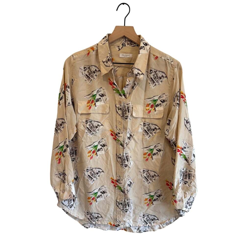 Equipment Womens Size Large Newspaper Tulip Silk Long Sleeve Button Down Shirt